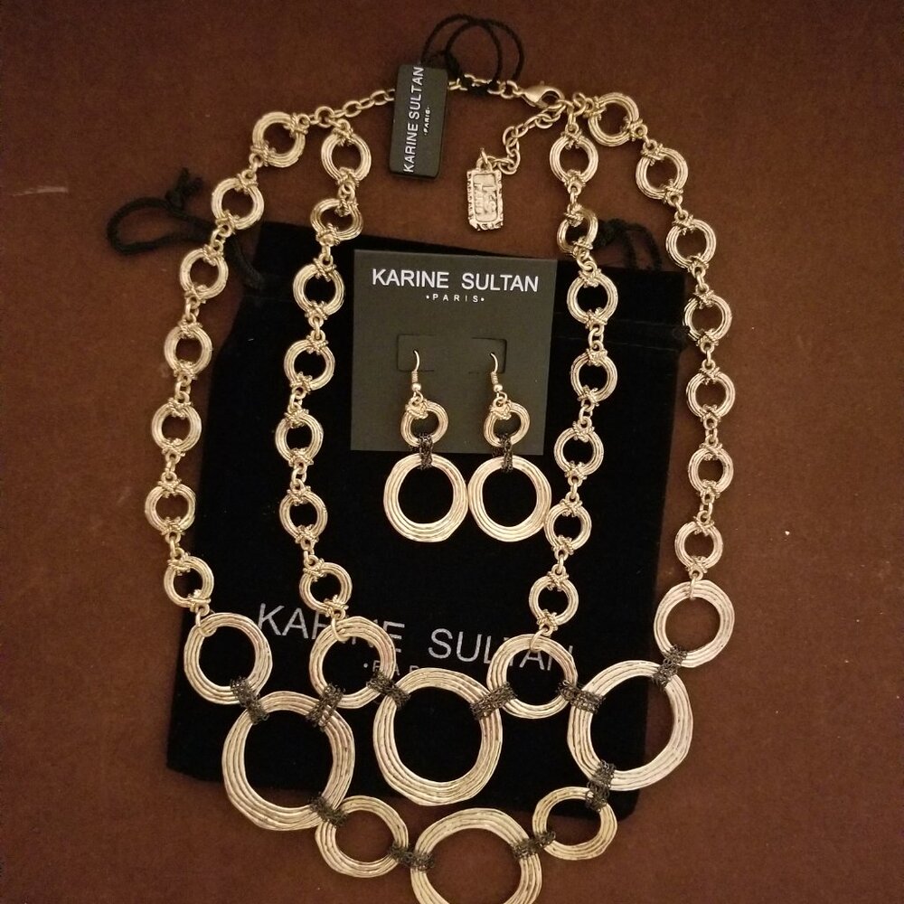 KARINE SULTAN 24K plated BAILEY LAYERED CIRCLE CHAIN NECKLACE & EARRINGS IN GOLD